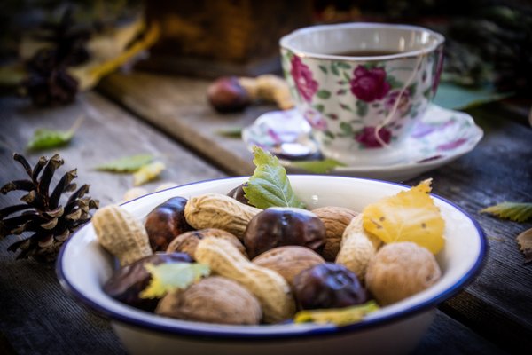 Tee in kalter Jahreszeit, wohltuend, Früchte, Nüsse